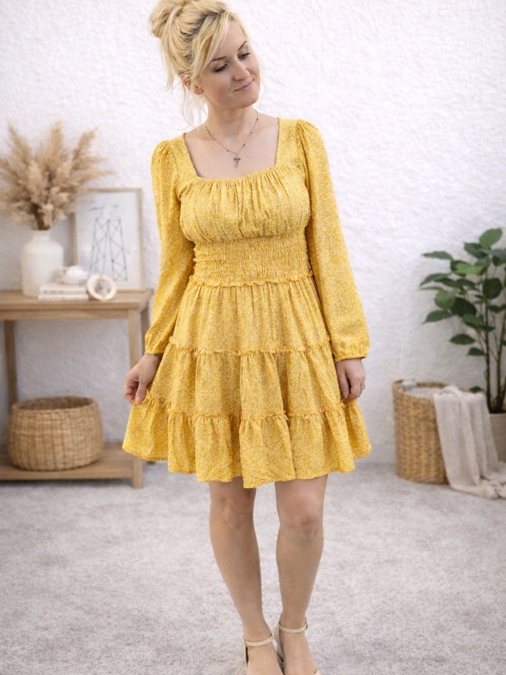 SHEIN Yellow Smocked Tiered Long-Sleeve Mini Dress